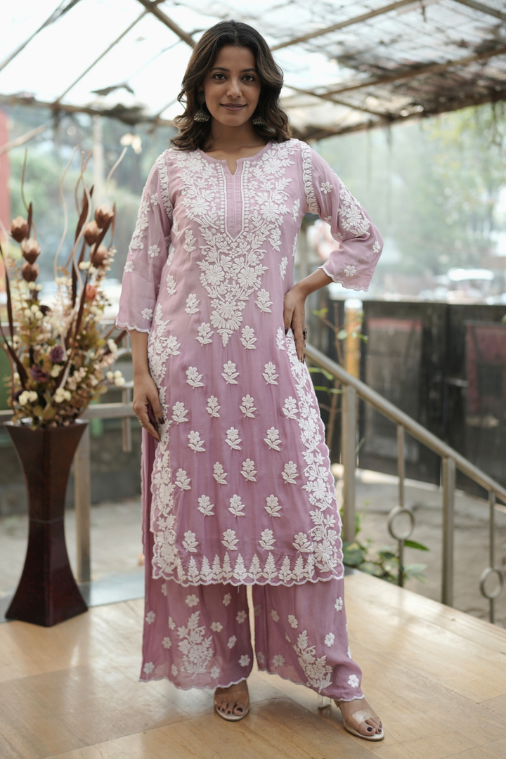 Hiba  Premium Muslin 3D Chikankari Ombre  Cutwork Kurti Palazzo Set