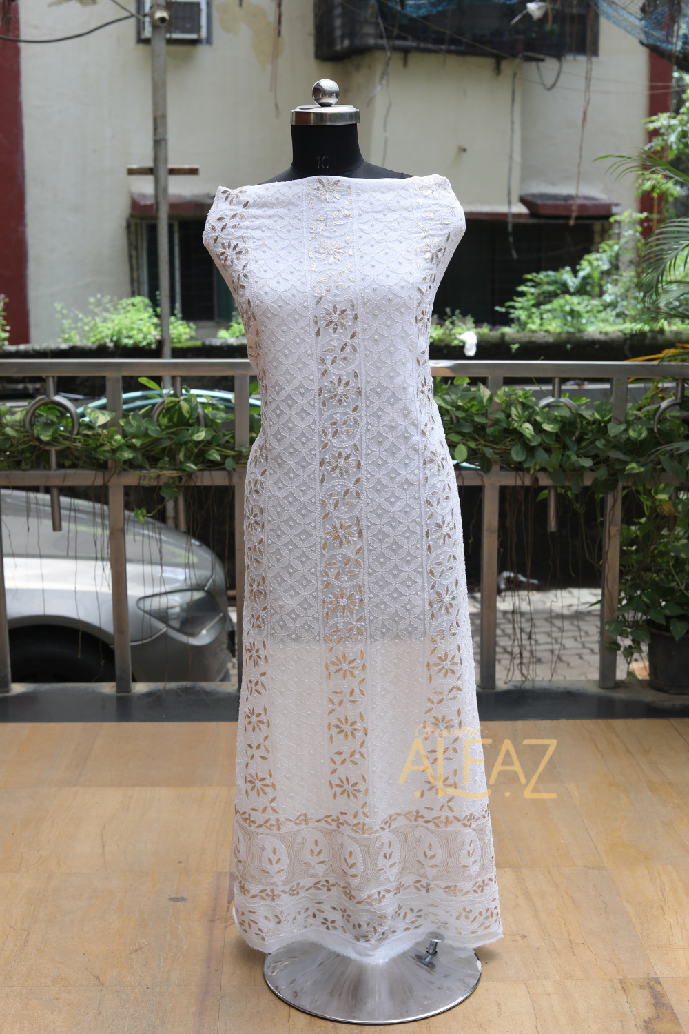 Alfaz Hand Embroidered White Viscose  Lucknowi Chikankari Unstitched Kurta Dupatta Set With Gota Patti Wok