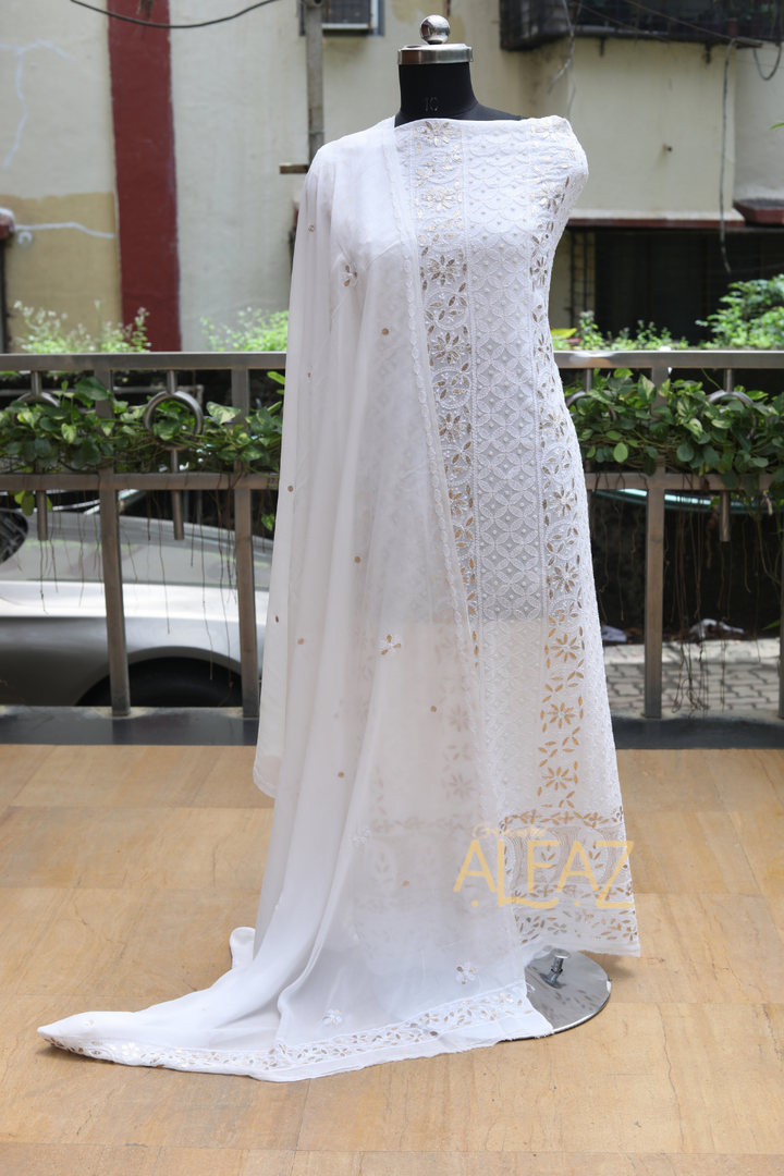 Alfaz Hand Embroidered White Viscose  Lucknowi Chikankari Unstitched Kurta Dupatta Set With Gota Patti Wok