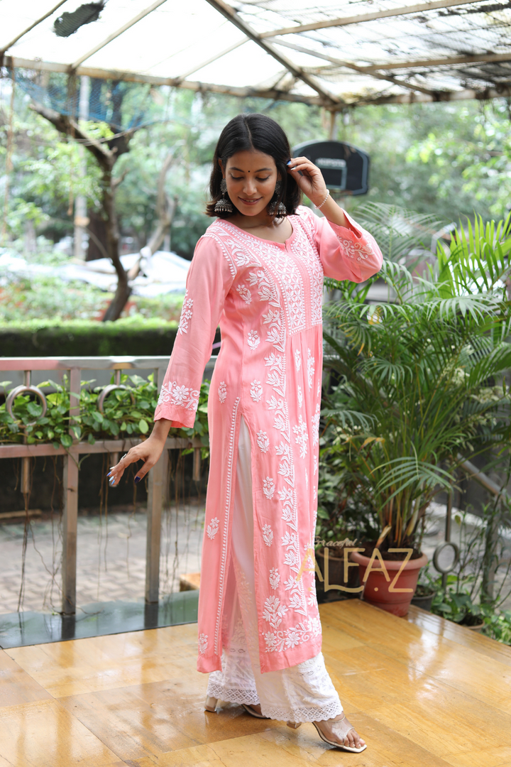 Fiza Premium Muslin Chikankari Nayra Cut Kurti