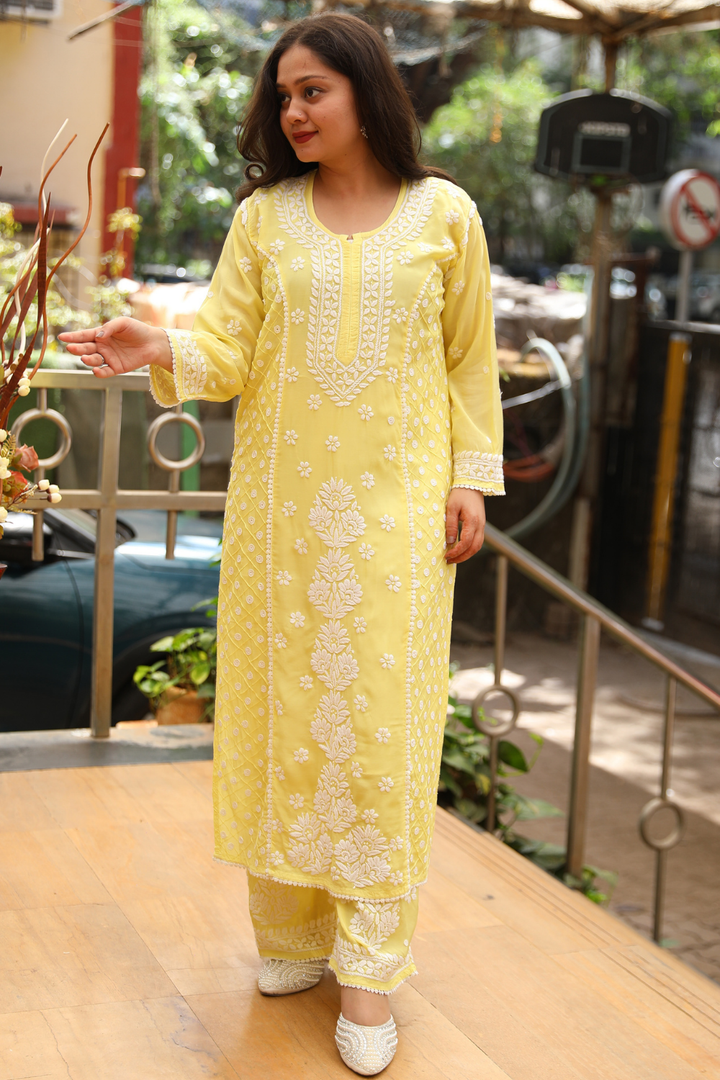 Noorani Premium Muslin 3D Chikankari  Kurti Palazzo  Set