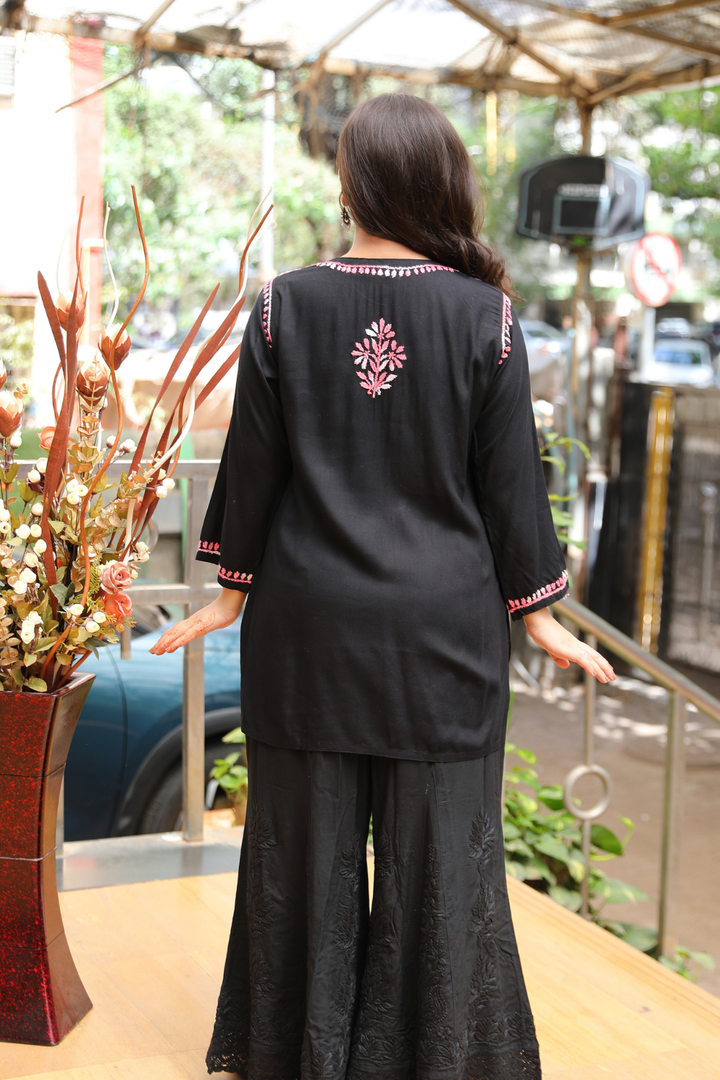 Ruvina Rayon Black Multi Chikankari Short Kurti
