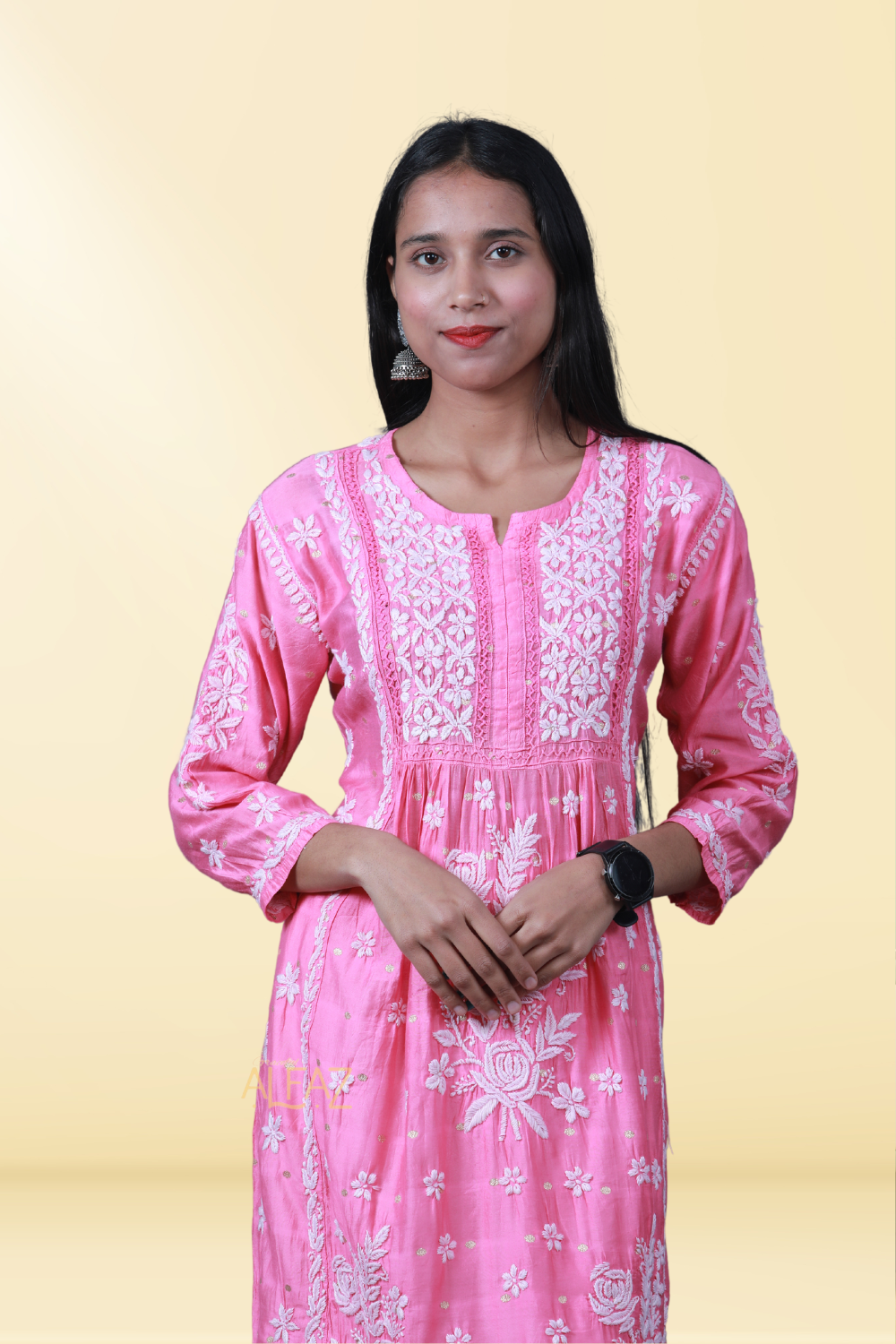 Aziza Chanderi Chikankari Nayara Cut Kurti | Long Chikankari Kurtis