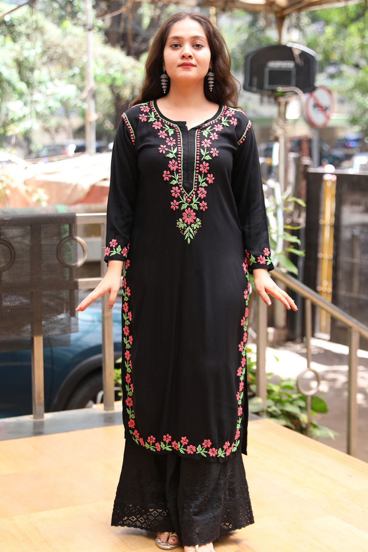 Naaz   Rayon Black Multi Long Kurti Chikankari