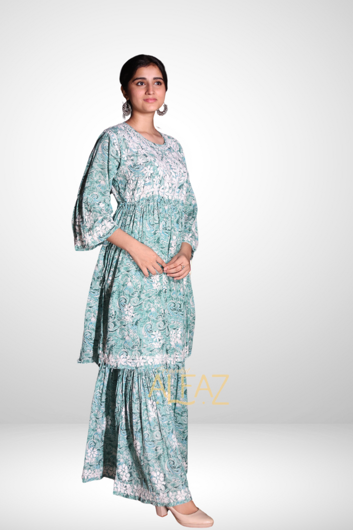 Ghazala Printed Mulmul Chikankari Gharara Set