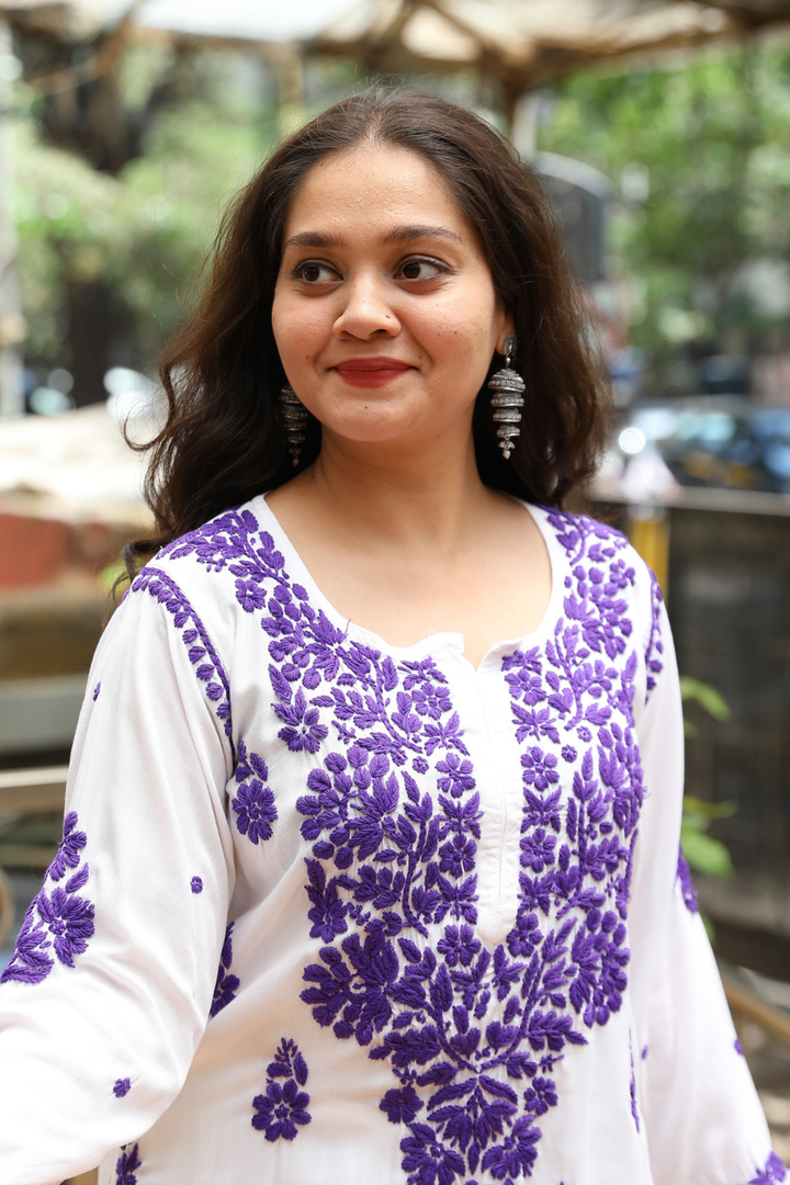 Kausar Rayon 3D Chikankari Designer White Multi