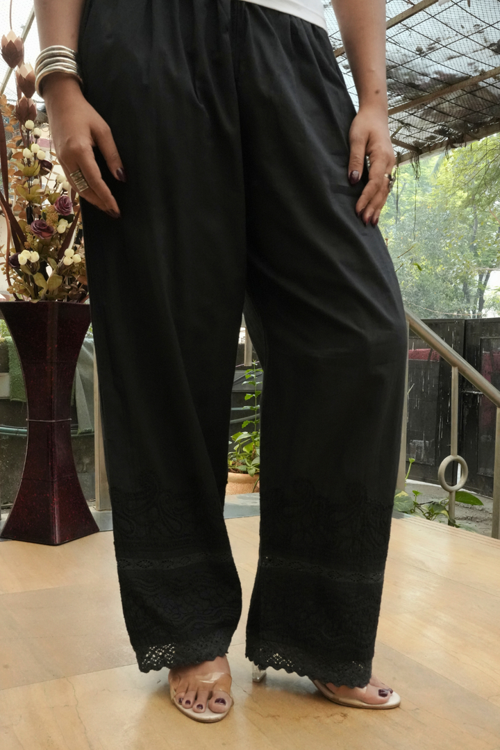 Bina Cotton Chikankari Black Palazzo With Lace