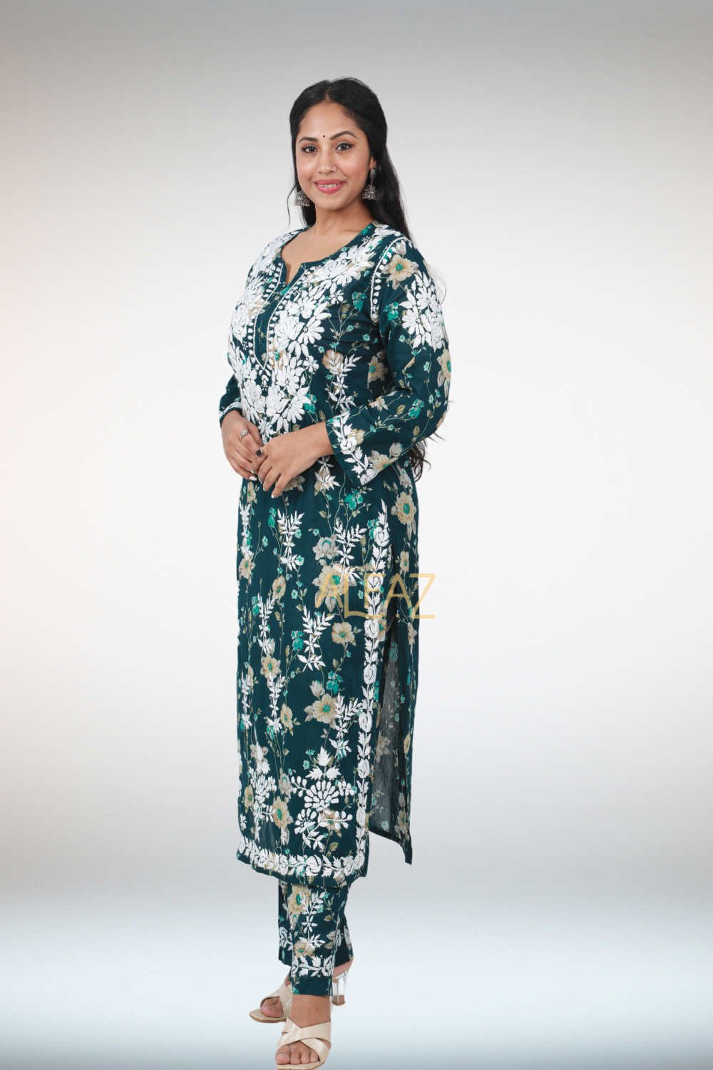 Sana Chikankari Mulmul Floral Printed Kurti and Pant Set | Mulmul Chikankari Kurta Set