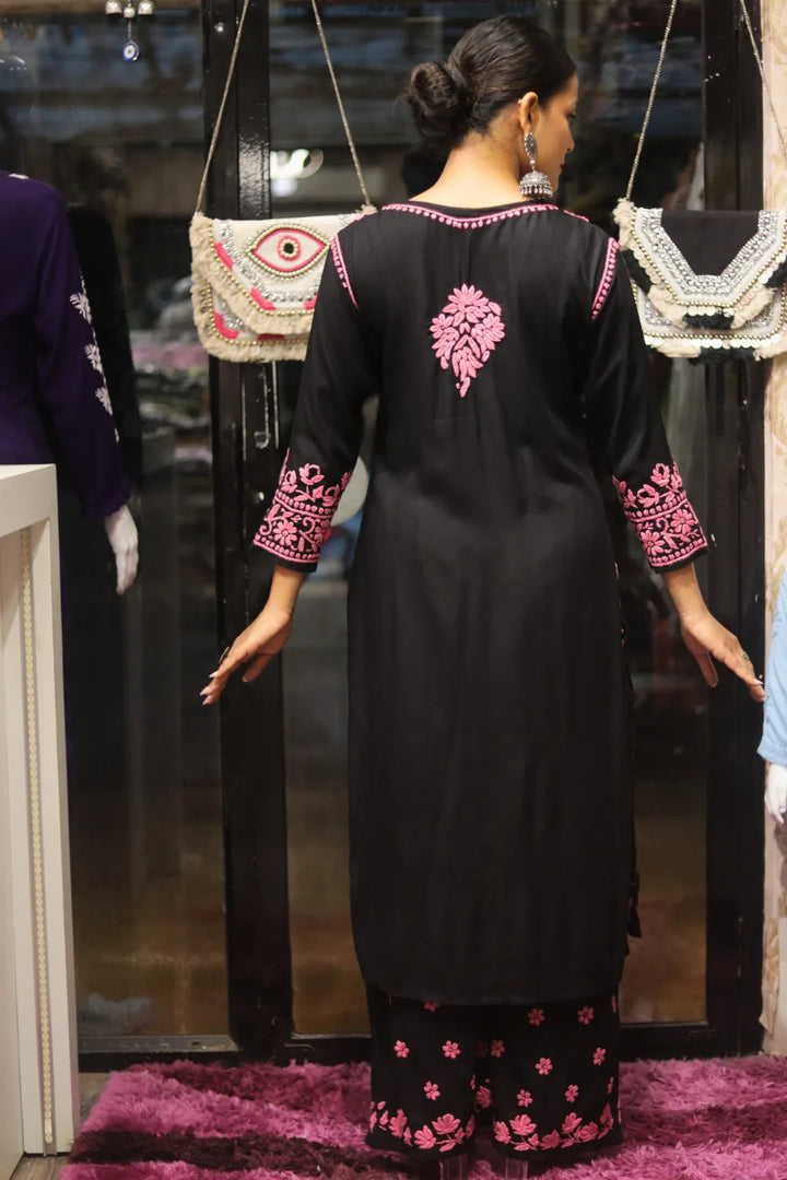 Habiba Rayon 3D Chikankari Designer Black Palazzo Set