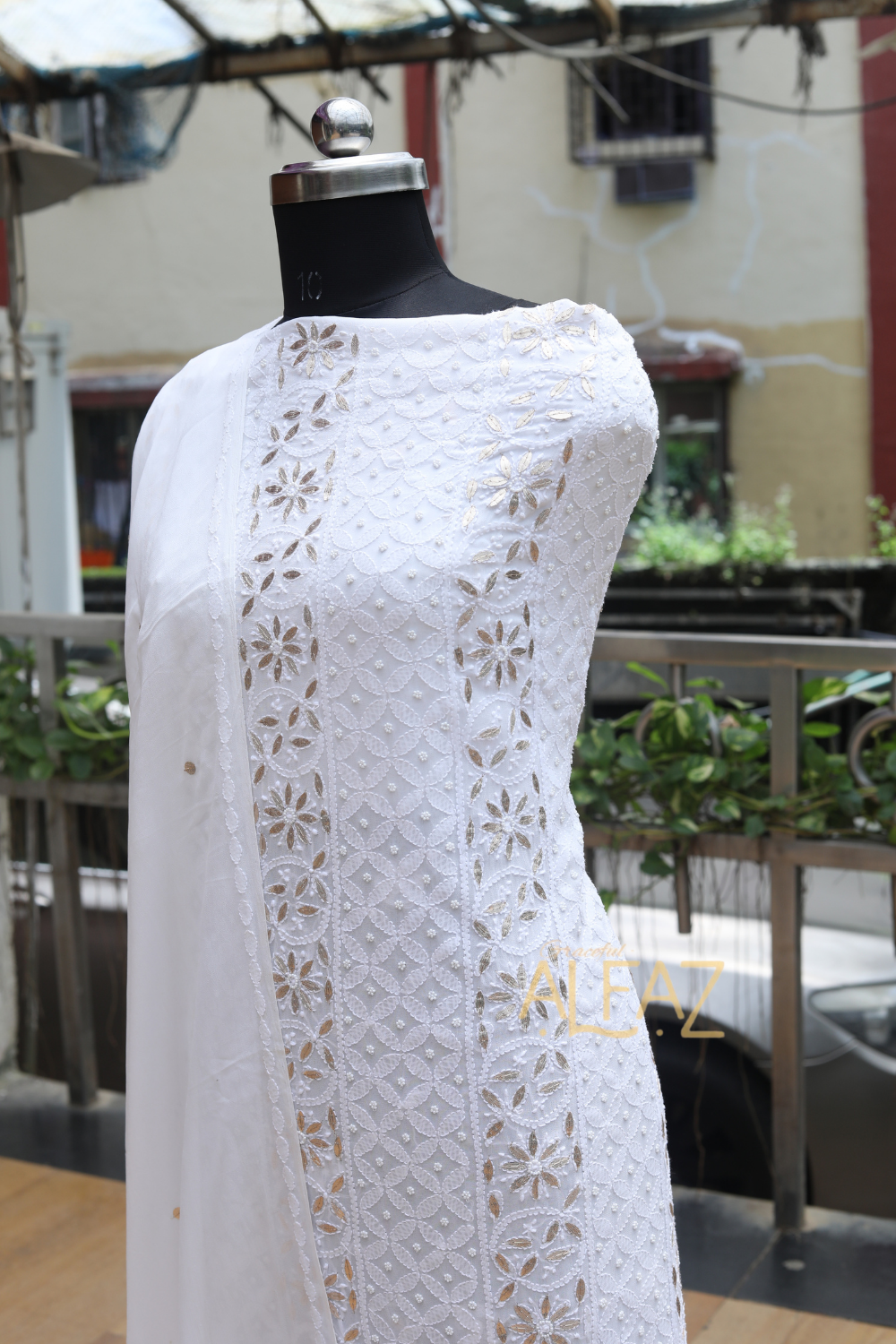 Alfaz Hand Embroidered White Viscose  Lucknowi Chikankari Unstitched Kurta Dupatta Set With Gota Patti Wok