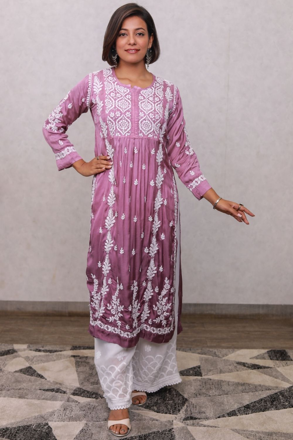 Haniya Modal Satin 3D Chikankari Nayra Cut Kurti