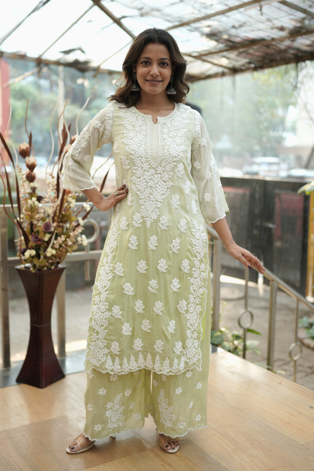 Hiba  Premium Muslin 3D Chikankari Ombre  Cutwork Kurti Palazzo Set