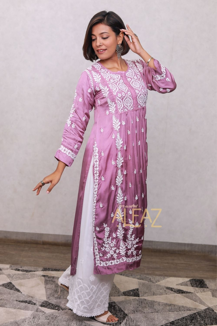 Haniya Modal Satin 3D Chikankari Nayra Cut Kurti