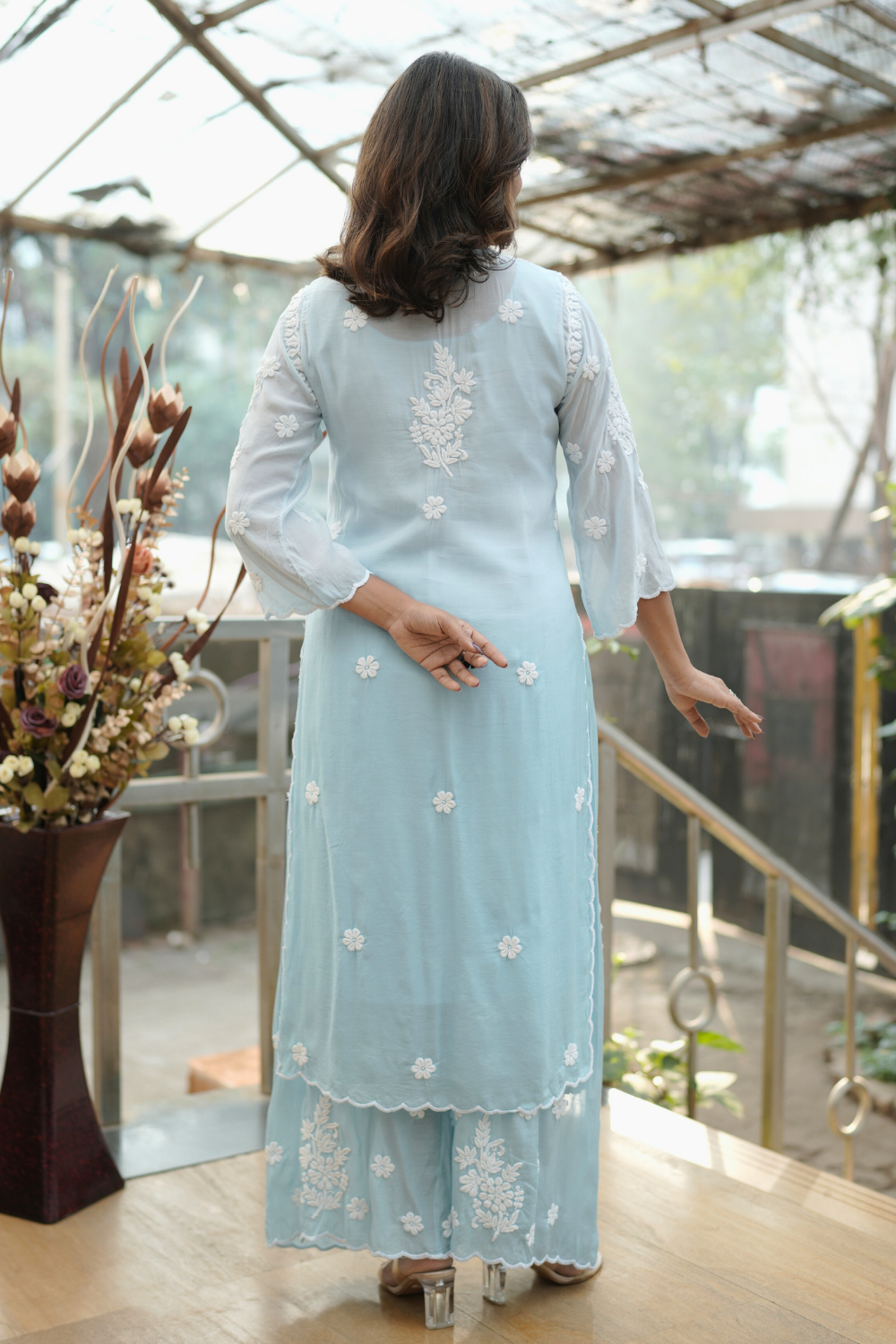 Hiba  Premium Muslin 3D Chikankari Ombre  Cutwork Kurti Palazzo Set