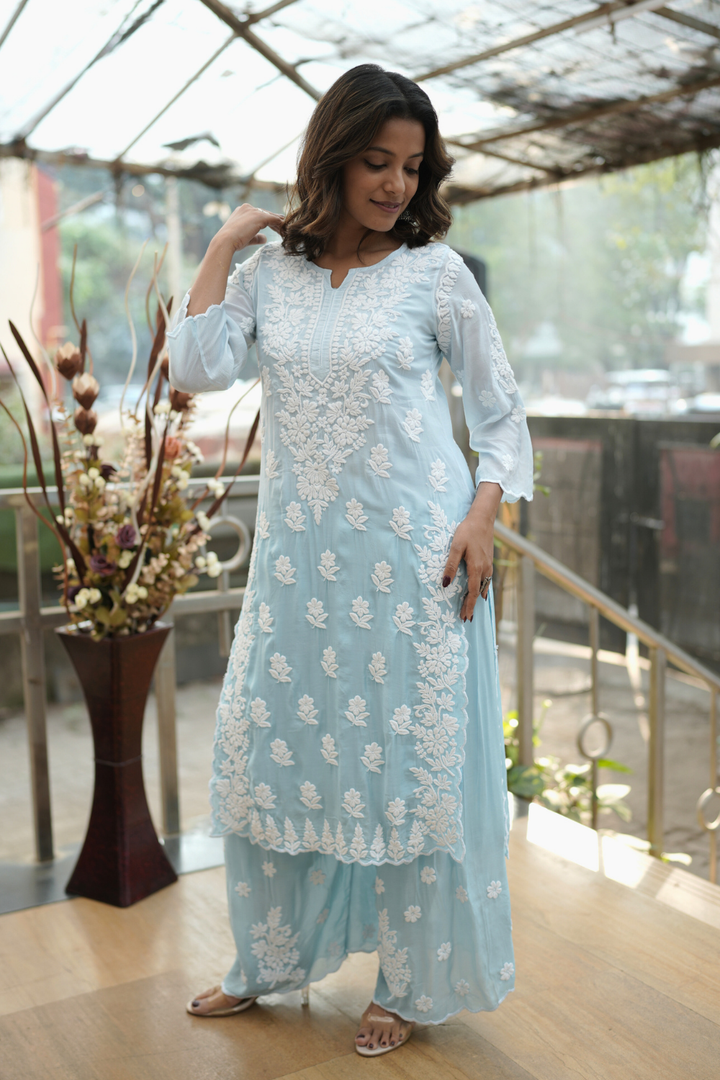 Hiba  Premium Muslin 3D Chikankari Ombre  Cutwork Kurti Palazzo Set