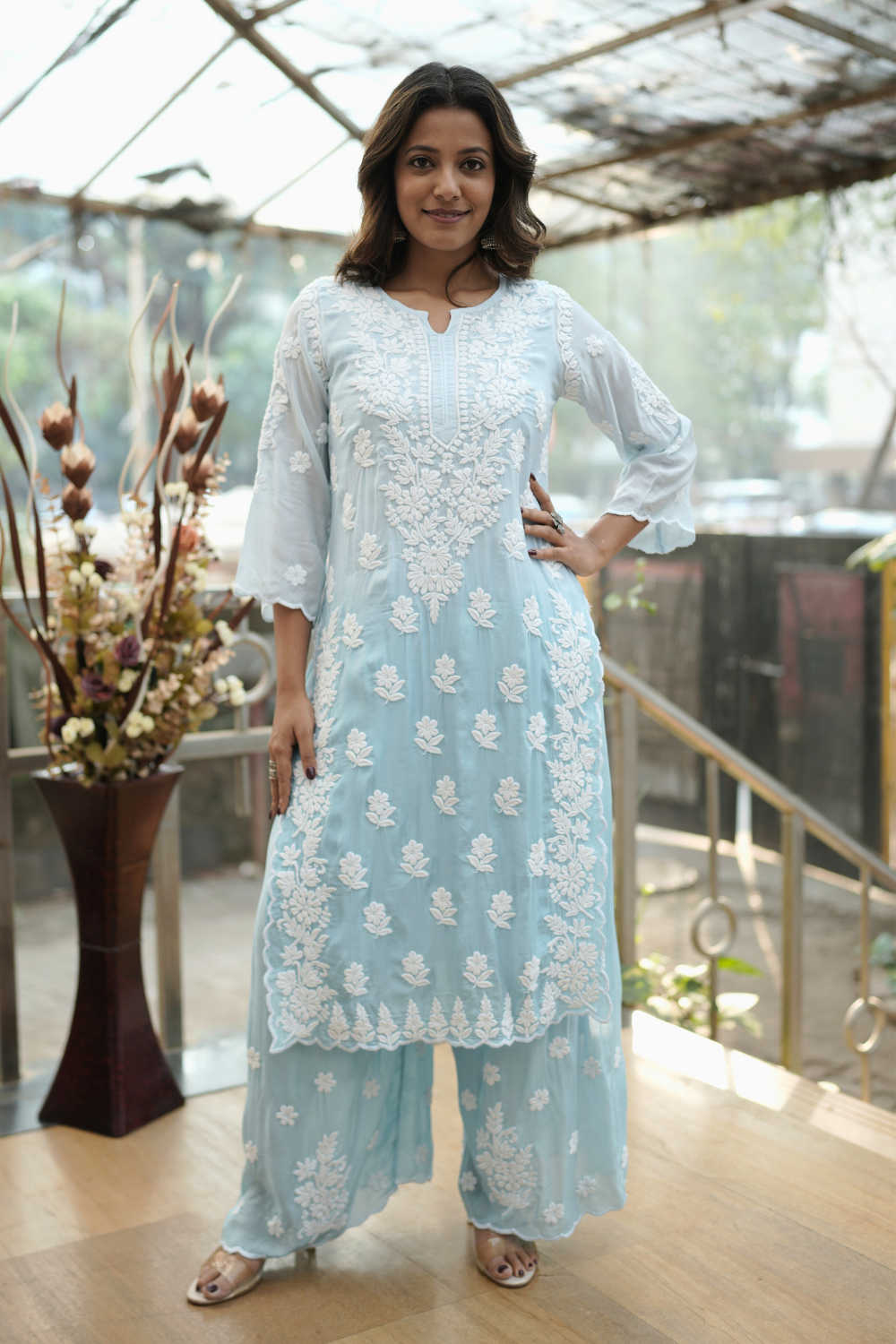 Hiba  Premium Muslin 3D Chikankari Ombre  Cutwork Kurti Palazzo Set