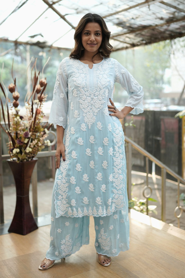 Hiba  Premium Muslin 3D Chikankari Ombre  Cutwork Kurti Palazzo Set