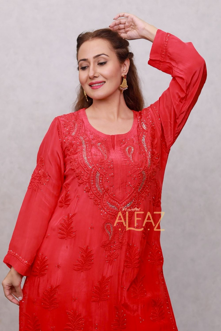 Ameera Premium Crepe Silk 3D Chikankari & Mukaish Plus Size Kurti