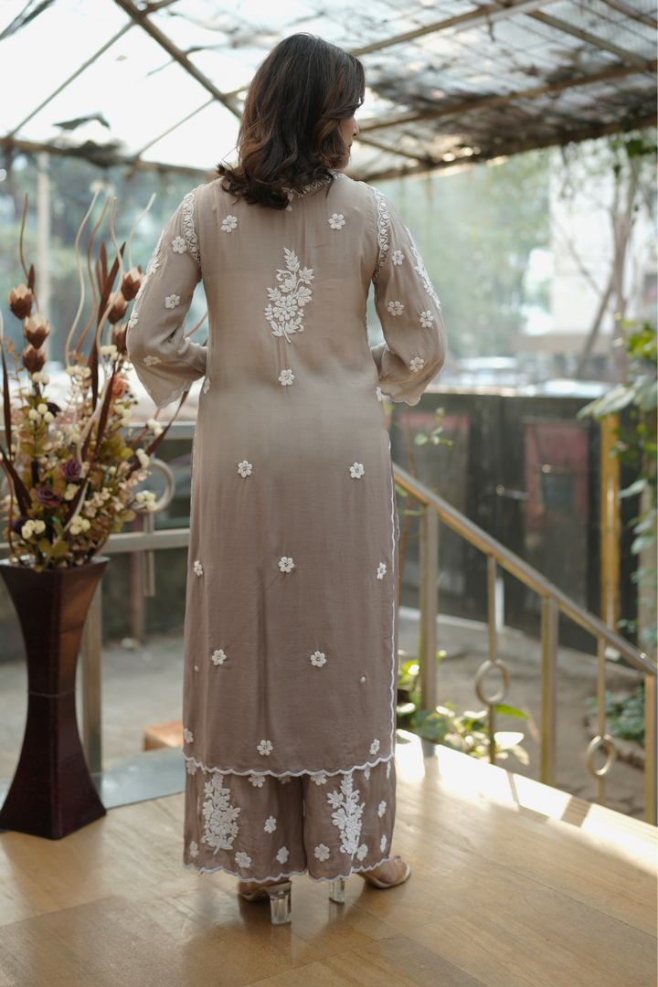 Hiba  Premium Muslin 3D Chikankari Ombre  Cutwork Kurti Palazzo Set