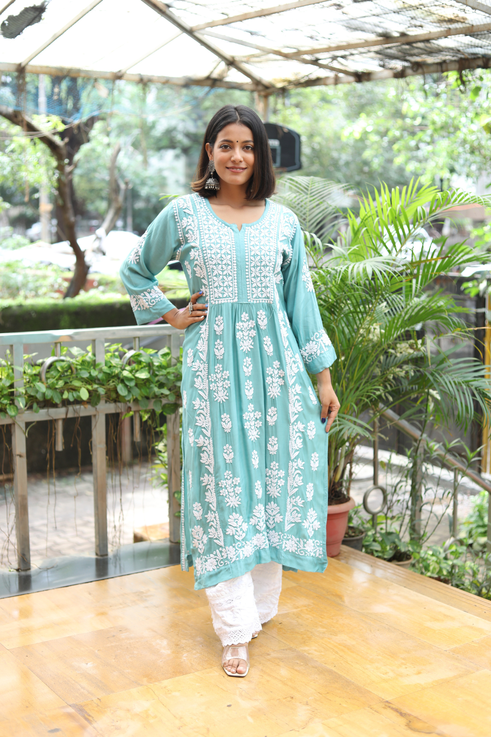 Fiza Premium Muslin Chikankari Nayra Cut Kurti