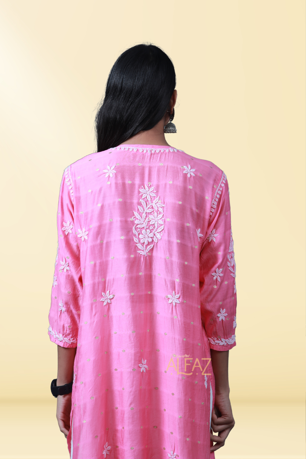 Aziza Chanderi Chikankari Nayara Cut Kurti | Long Chikankari Kurtis