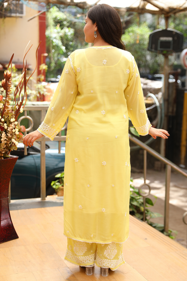 Noorani Premium Muslin 3D Chikankari  Kurti Palazzo  Set