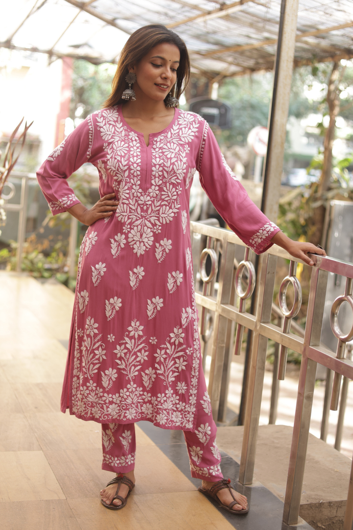 Noura Rayon Chikankari  Kurta Pant set |