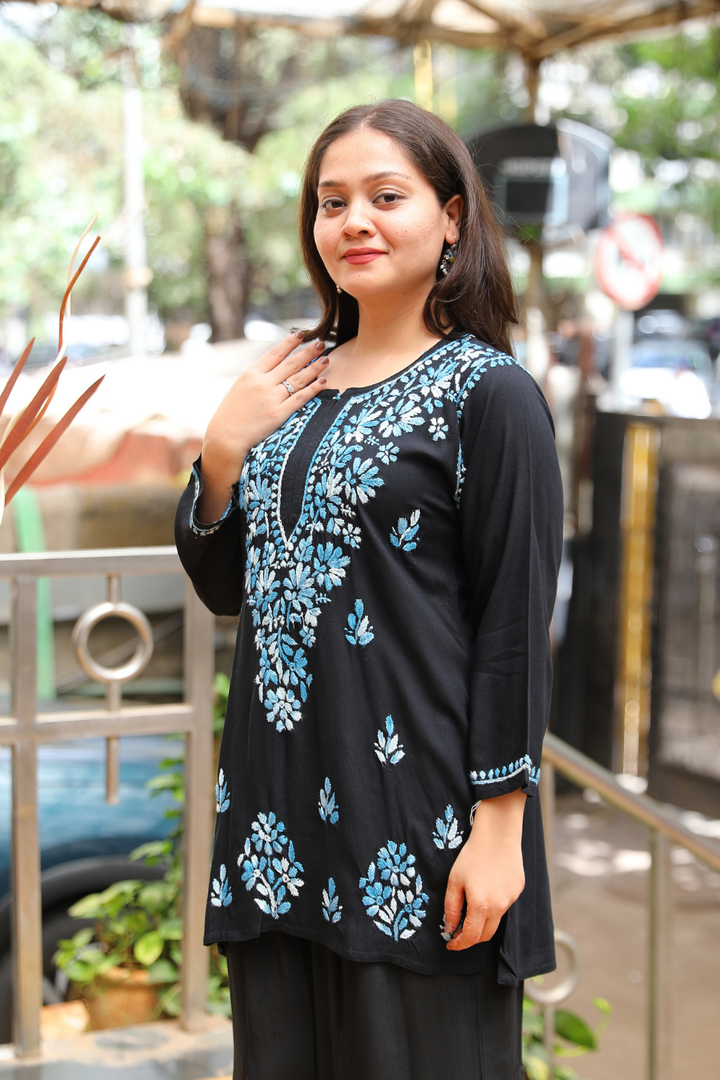 Ruvina Rayon Black Multi Chikankari Short Kurti