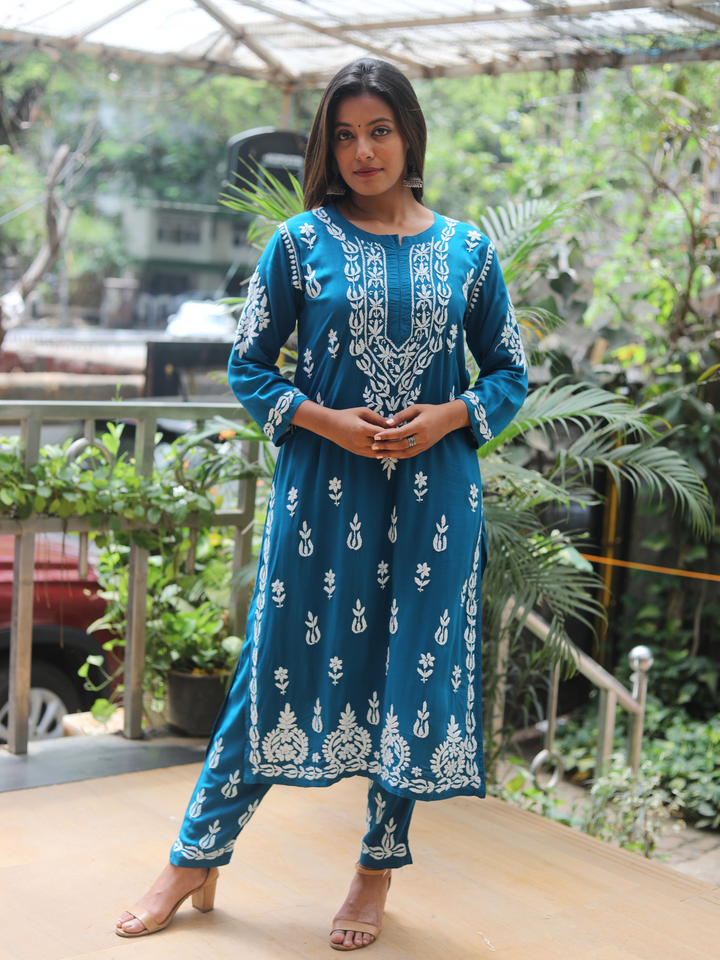 Ruhi Modal Chikankari Kurti Pant Set | Chikan Kurti Plazo Set