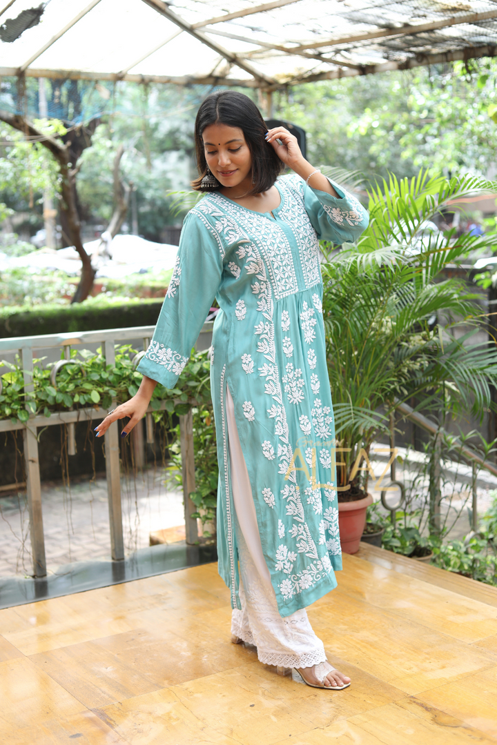 Fiza Premium Muslin Chikankari Nayra Cut Kurti