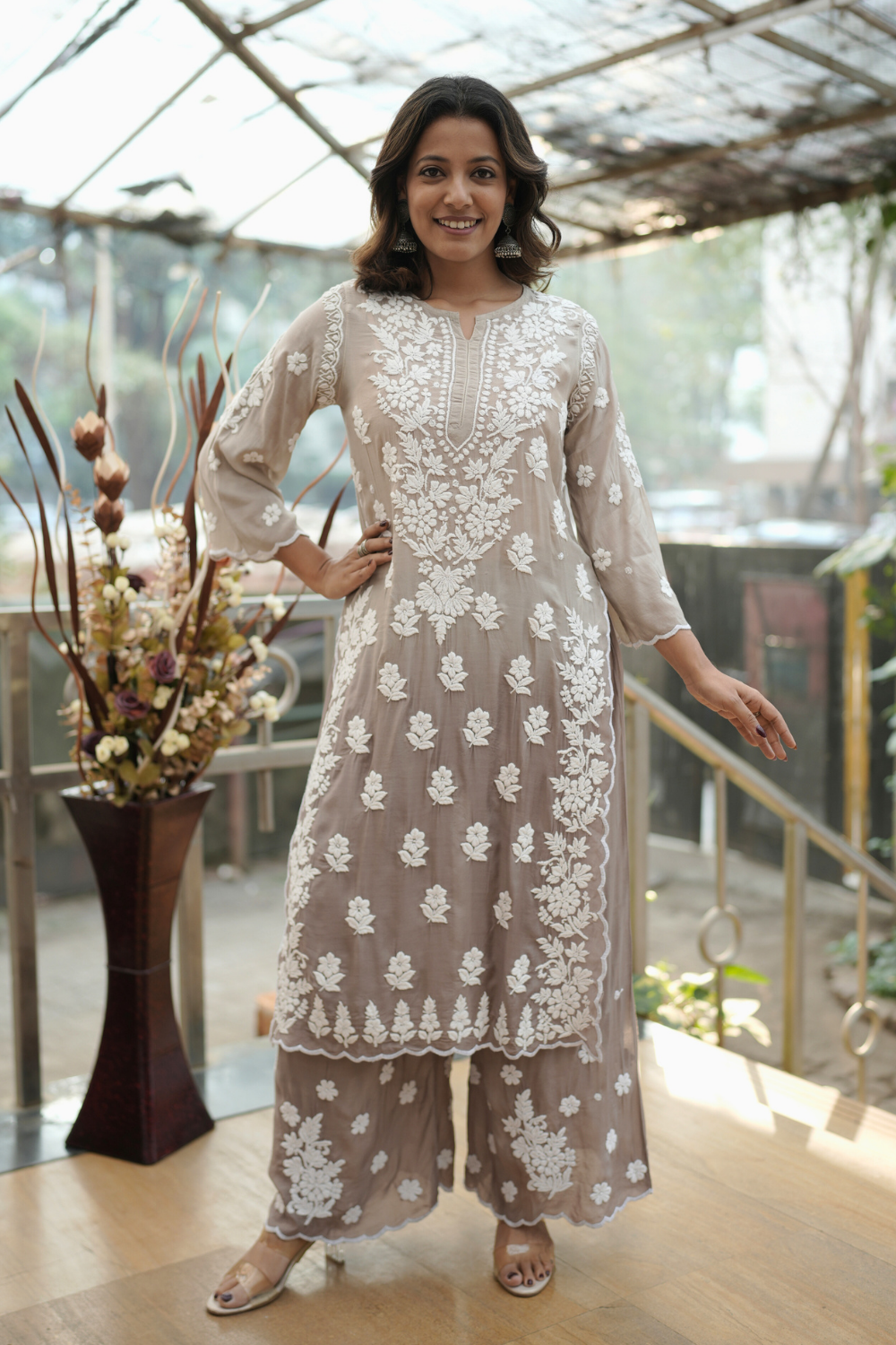 Hiba  Premium Muslin 3D Chikankari Ombre  Cutwork Kurti Palazzo Set