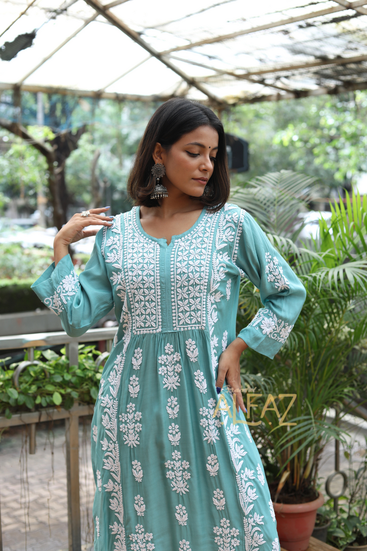 Fiza Premium Muslin Chikankari Nayra Cut Kurti