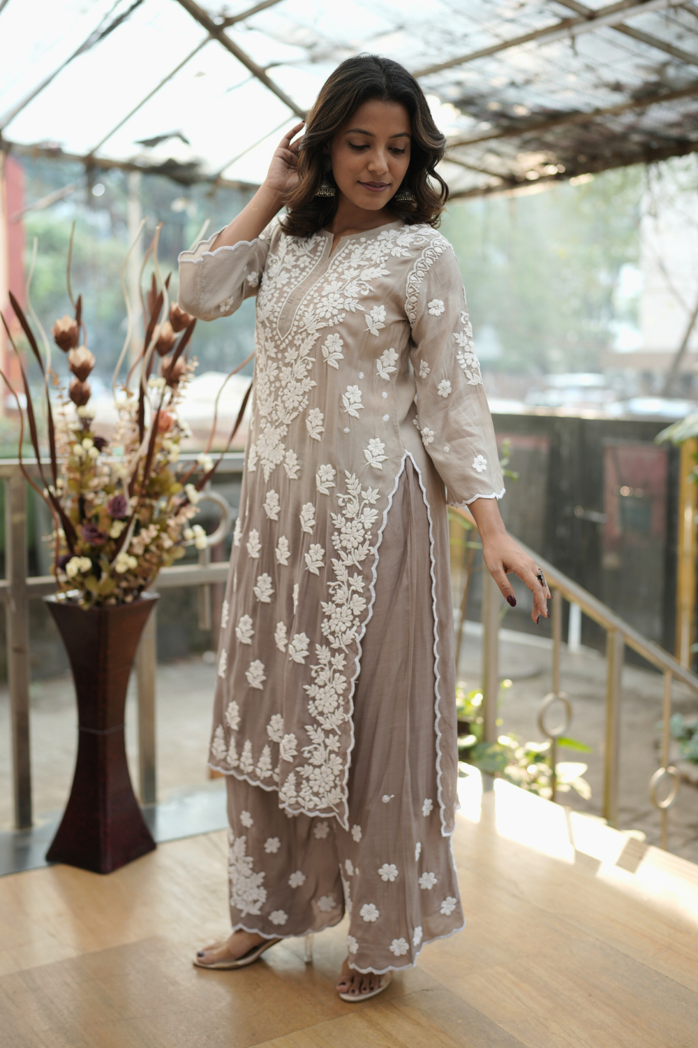 Hiba  Premium Muslin 3D Chikankari Ombre  Cutwork Kurti Palazzo Set