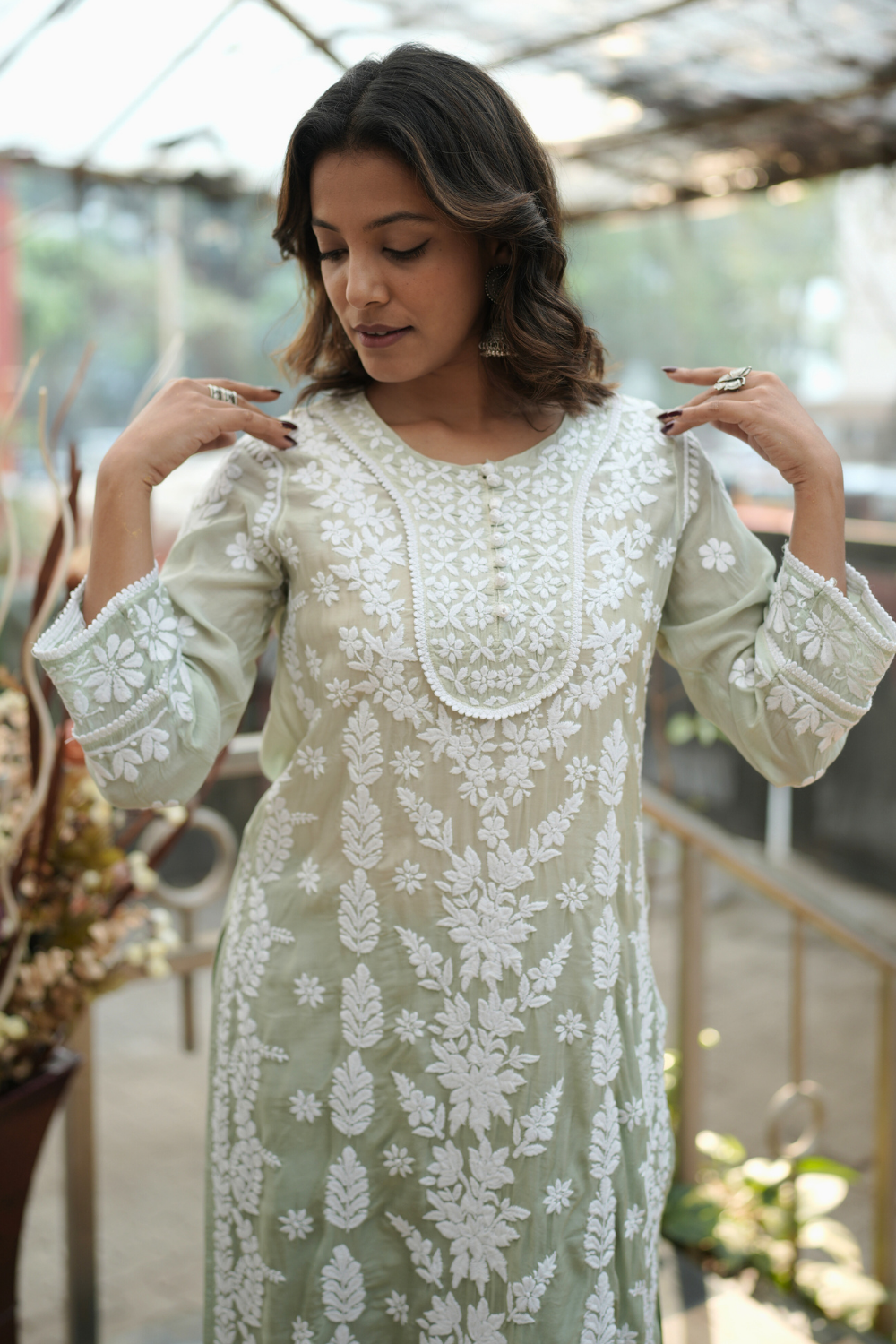 Ria  Premium Muslin 3D Chikankari Ombre Kurti Palazzo Set