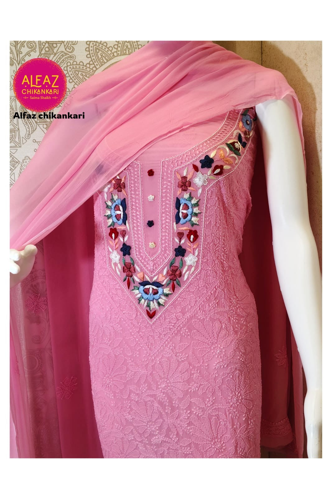 Urfi Hand Embroidered Red  Viscose  Lucknowi Chikankari Unstitched Kurta Dupatta Set With Parsi Ghara Work