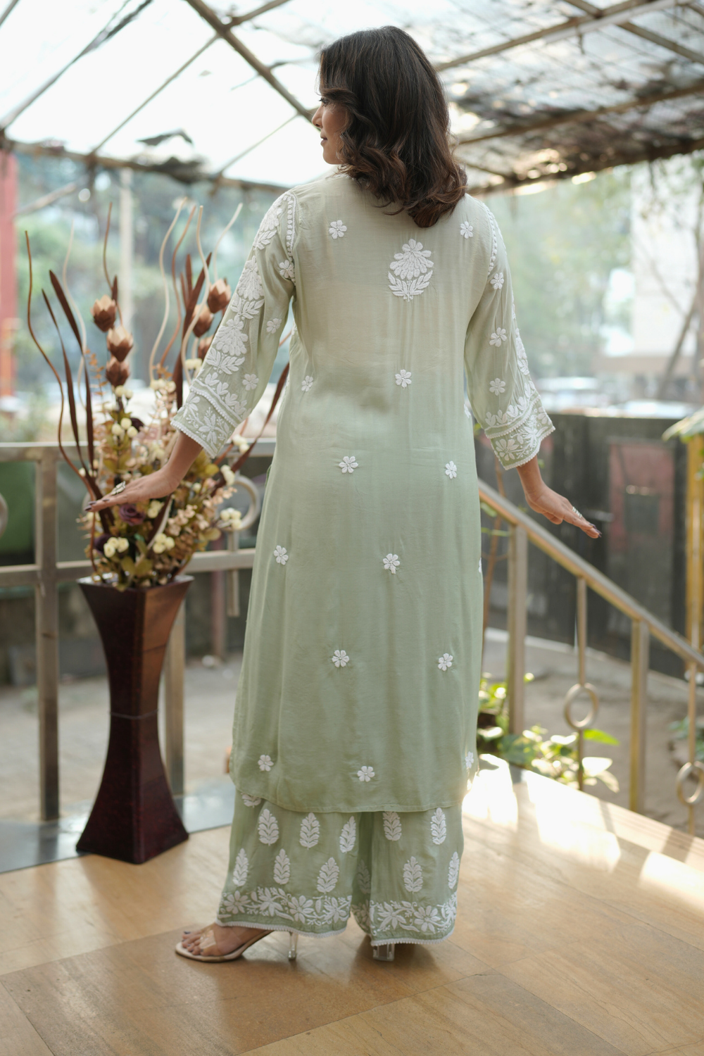 Ria  Premium Muslin 3D Chikankari Ombre Kurti Palazzo Set