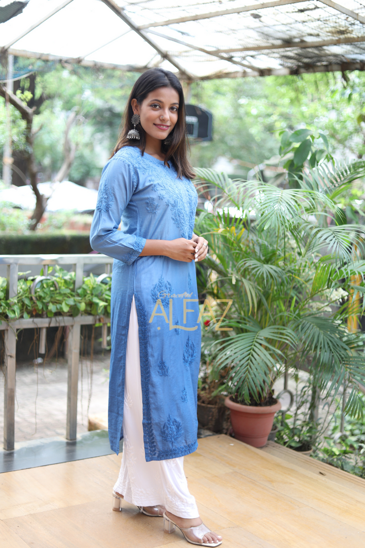 Myra Chanderi Chikankari Tone To Tone Long Kurti | Chanderi Chikan Kurta