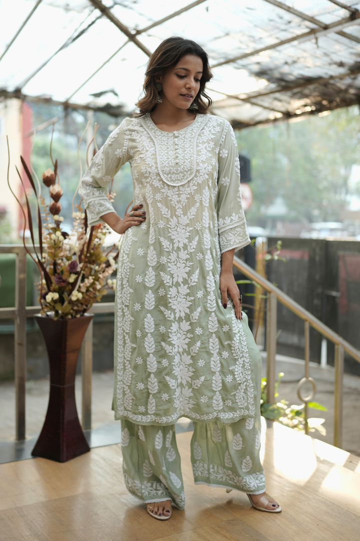 Ria  Premium Muslin 3D Chikankari Ombre Kurti Palazzo Set