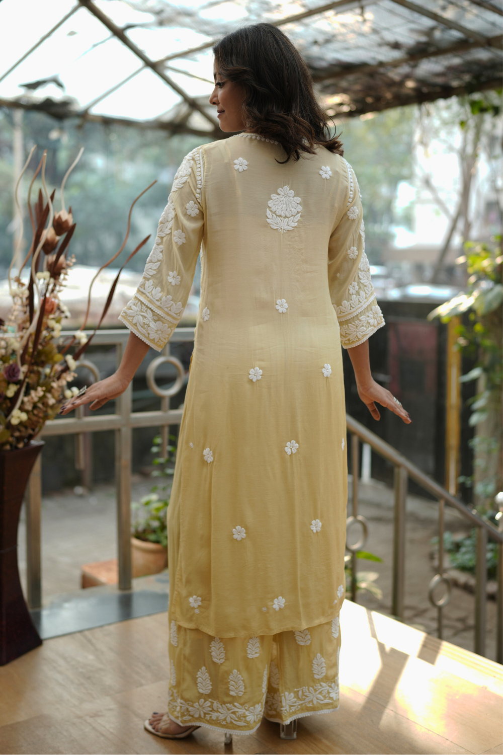 Ria  Premium Muslin 3D Chikankari Ombre Kurti Palazzo Set