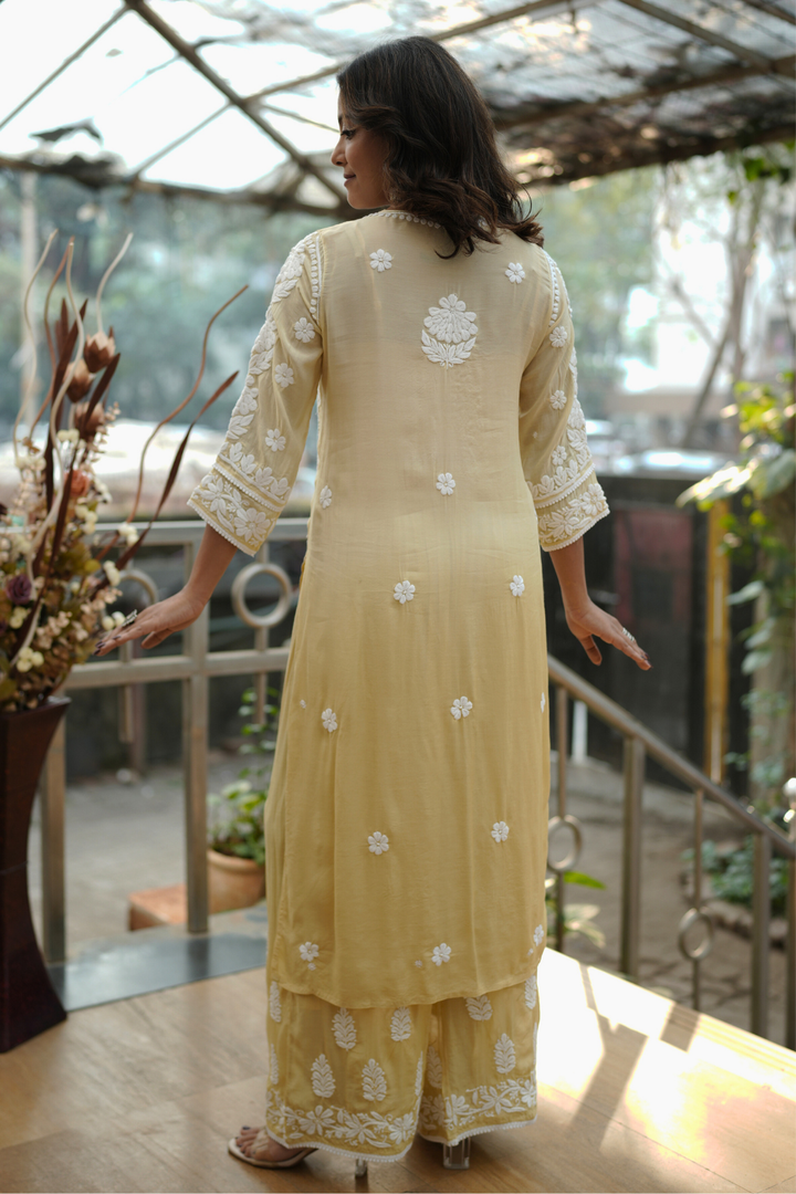 Ria  Premium Muslin 3D Chikankari Ombre Kurti Palazzo Set