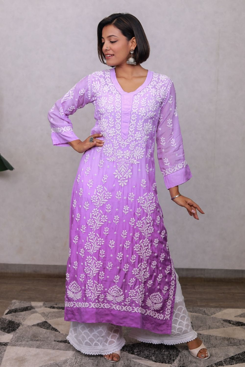 Aziza Premium Muslin 3D Chikankari Ombre A Line Kurti