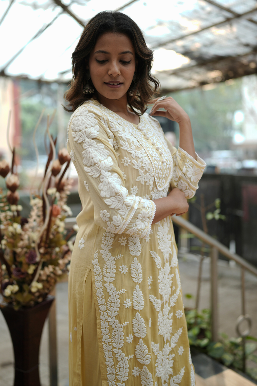 Ria  Premium Muslin 3D Chikankari Ombre Kurti Palazzo Set