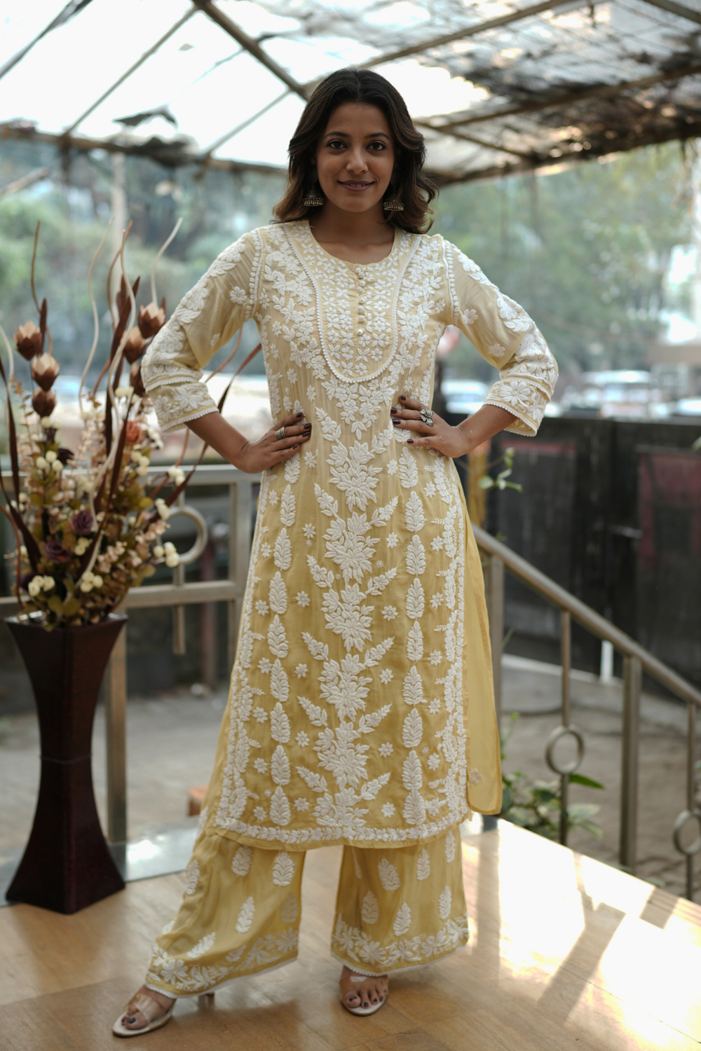 Ria  Premium Muslin 3D Chikankari Ombre Kurti Palazzo Set