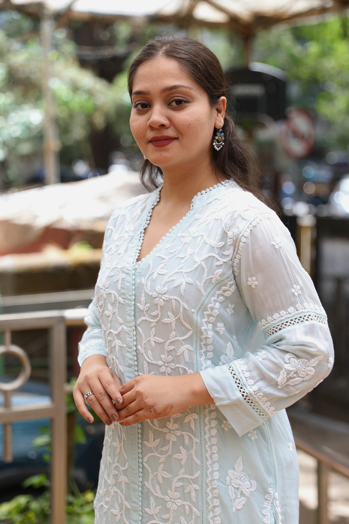 Mehak Premium Muslin 3D Chikankari Ombre Kurti Palazzo Set