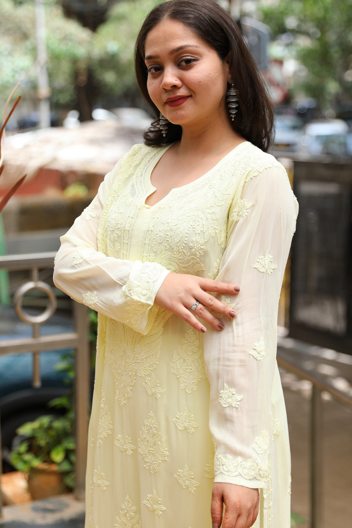 Yusra Viscose Designer Jaal  Add On Cutdana And Pearl Work Chikankari Kurti