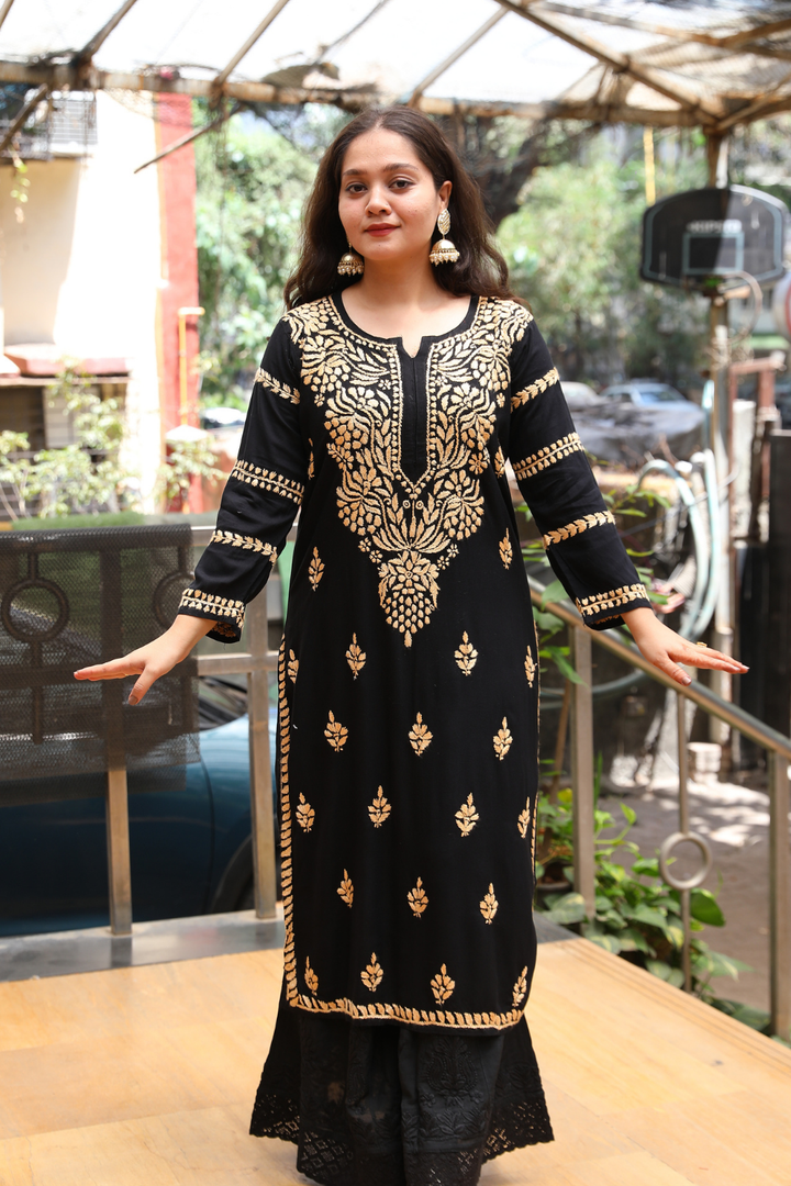 Naila  Rayon Black Multi Long Kurti Chikankari
