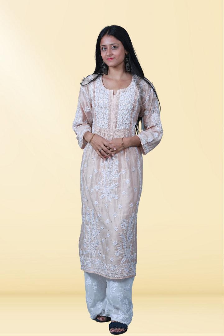 Aziza Chanderi Chikankari Nayara Cut Kurti | Long Chikankari Kurtis