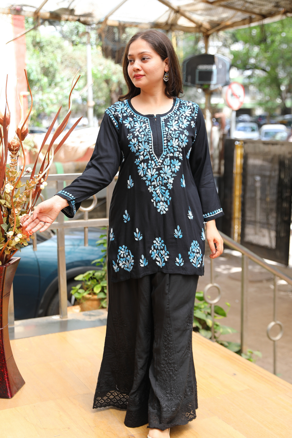 Ruvina Rayon Black Multi Chikankari Short Kurti
