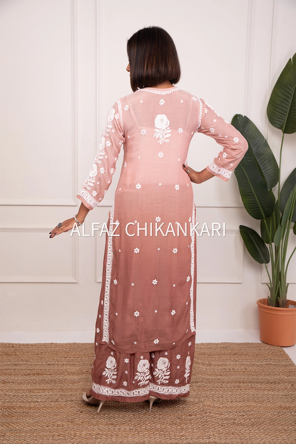 Tuba Premium Muslin 3D Chikankari Ombre Kurti Palazzo Set