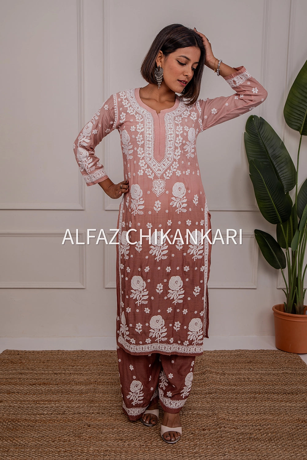 Tuba Premium Muslin 3D Chikankari Ombre Kurti Palazzo Set